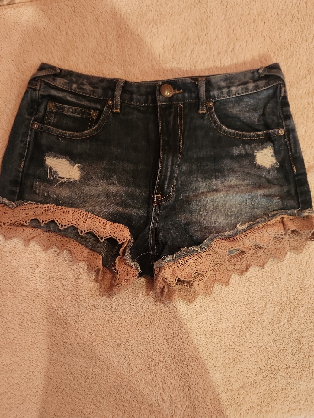 Free People Dark Blue Denim Shorts with Taupe Lace Trim